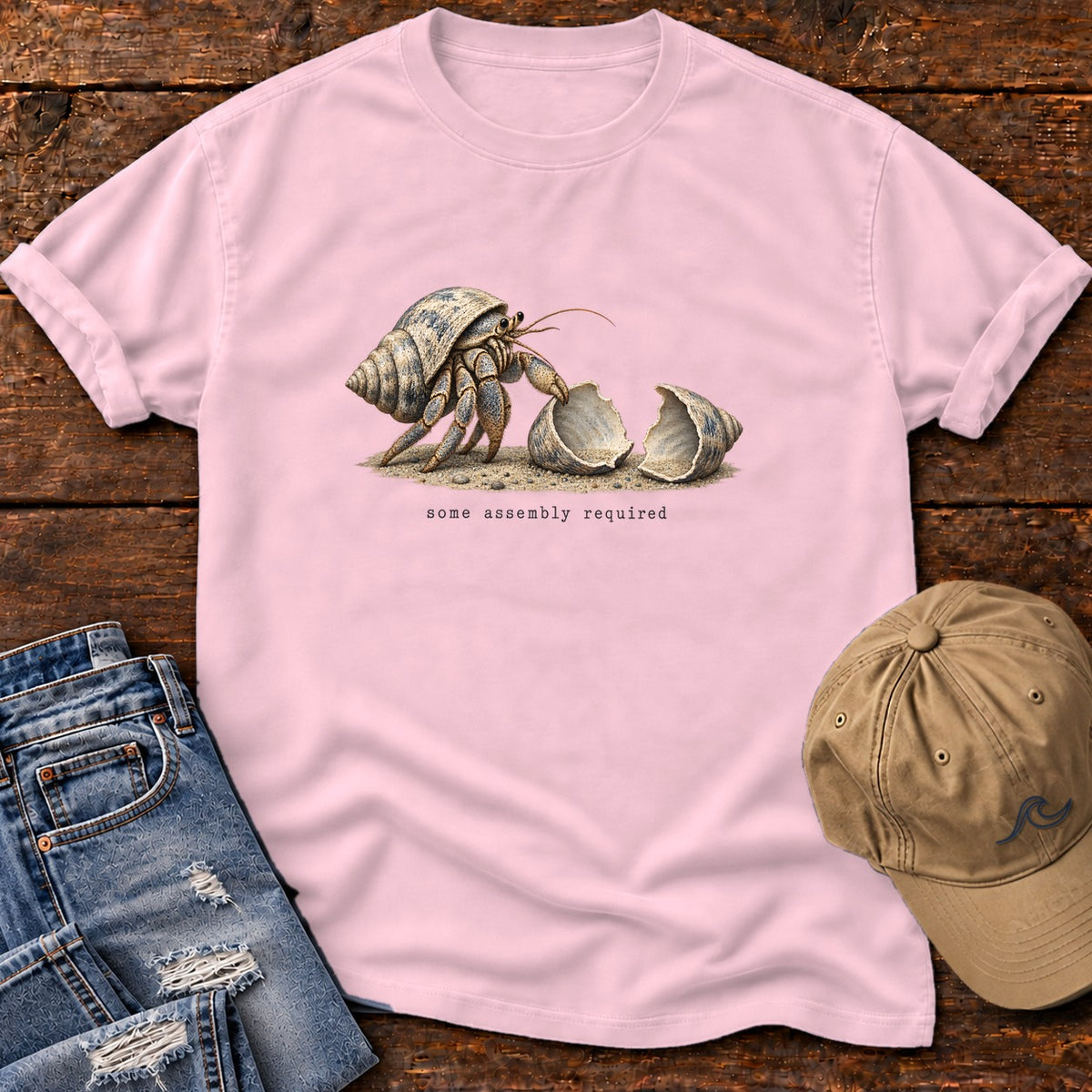 Some Assembly Required Hermit Crab T-Shirt Comfort Colors in Blossom, Salty Paws Comfort Colors T-Shirt, front design flat lay