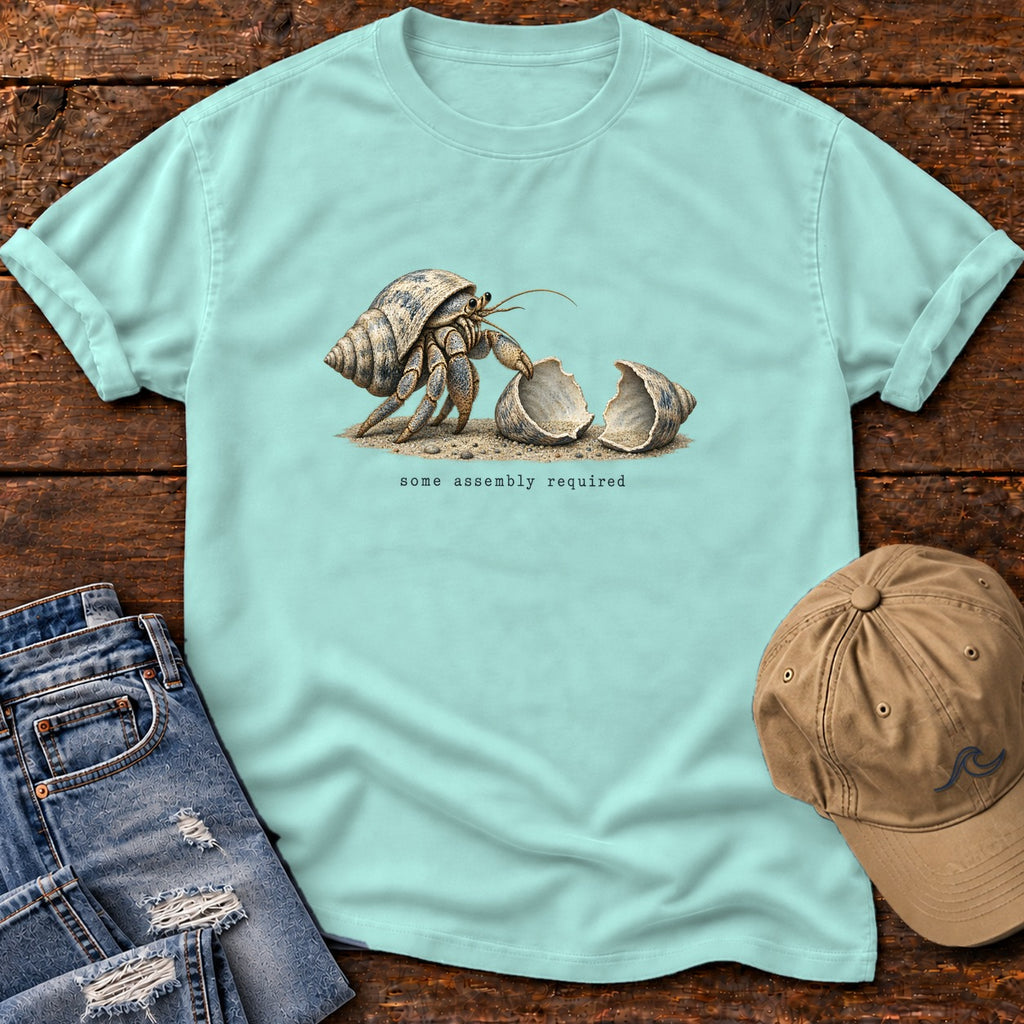 Some Assembly Required Hermit Crab T-Shirt Comfort Colors in Chalky Mint, Salty Paws Comfort Colors T-Shirt, front design flat lay