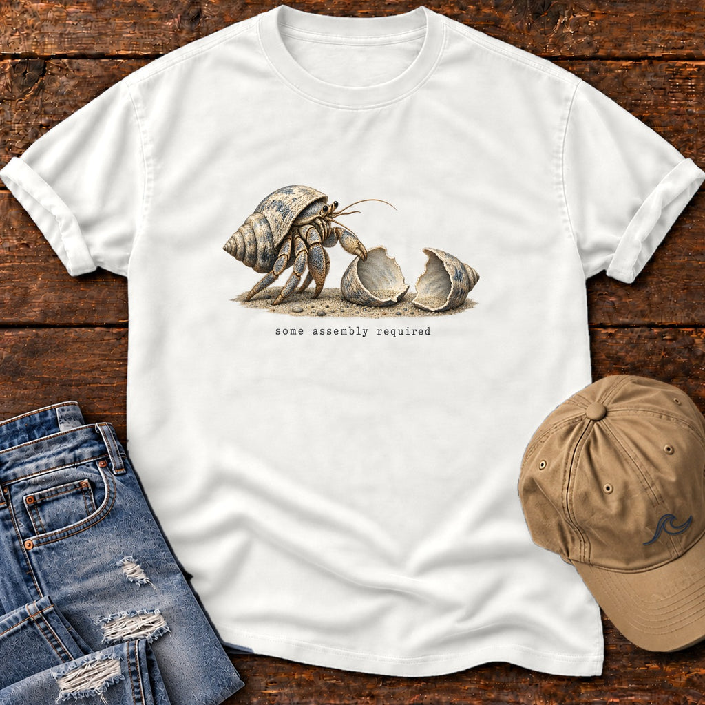 Some Assembly Required Hermit Crab T-Shirt Comfort Colors in White, Salty Paws Comfort Colors T-Shirt, front design flat lay