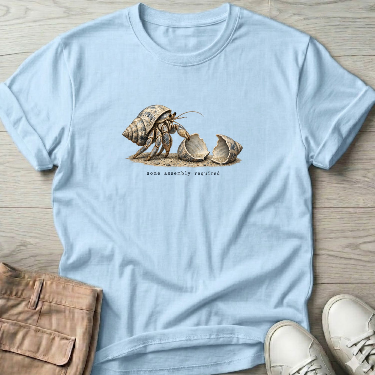 Some Assembly Required Hermit Crab T-Shirt in Light Blue, Salty Paws Soft Style T-Shirt, front design flat lay