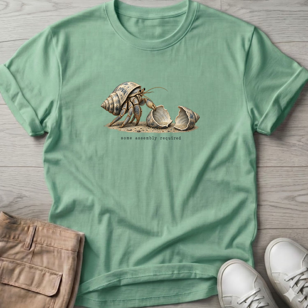 Some Assembly Required Hermit Crab T-Shirt in Mint Green, Salty Paws Soft Style T-Shirt, front design flat lay