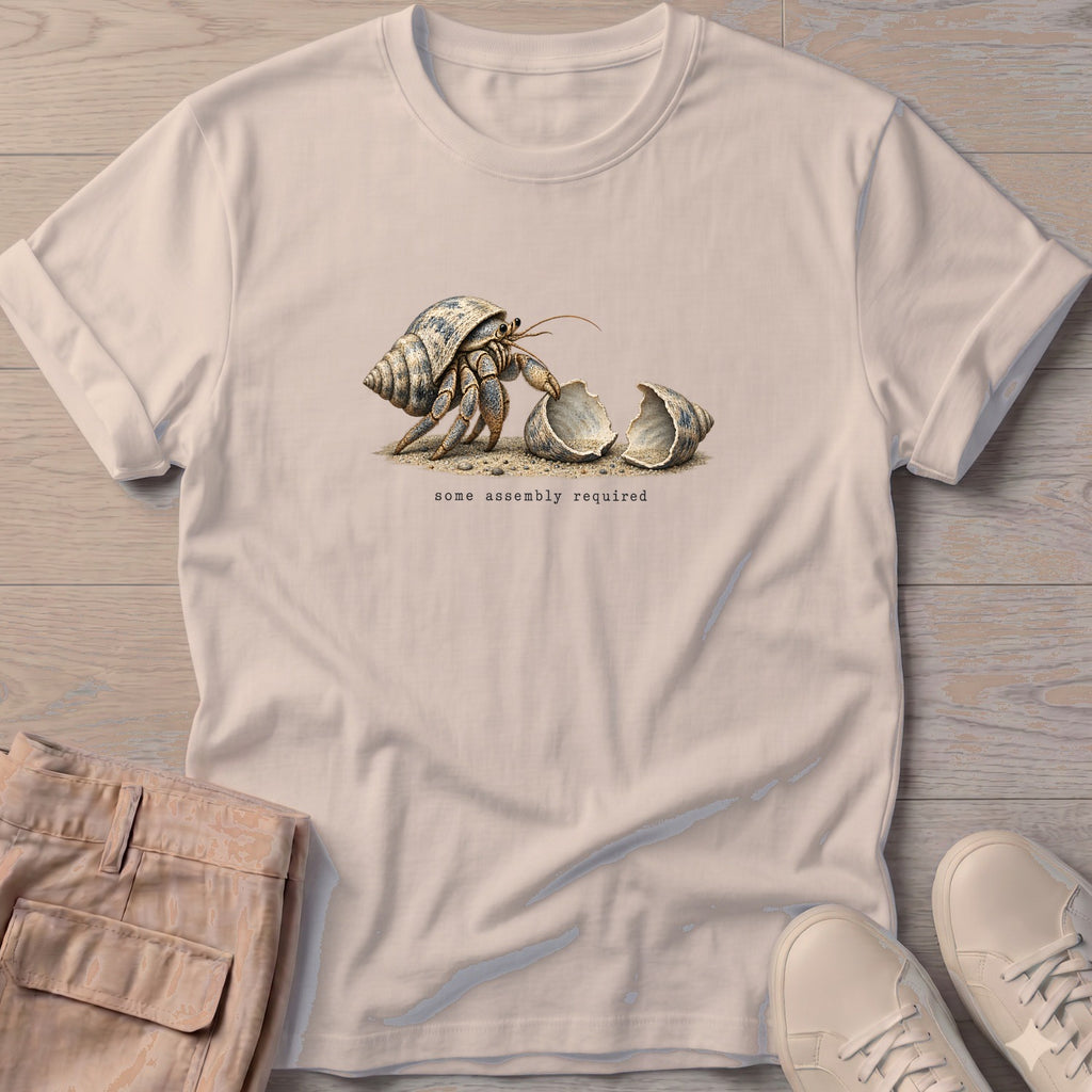 Some Assembly Required Hermit Crab T-Shirt in Sand, Salty Paws Soft Style T-Shirt, front design flat lay