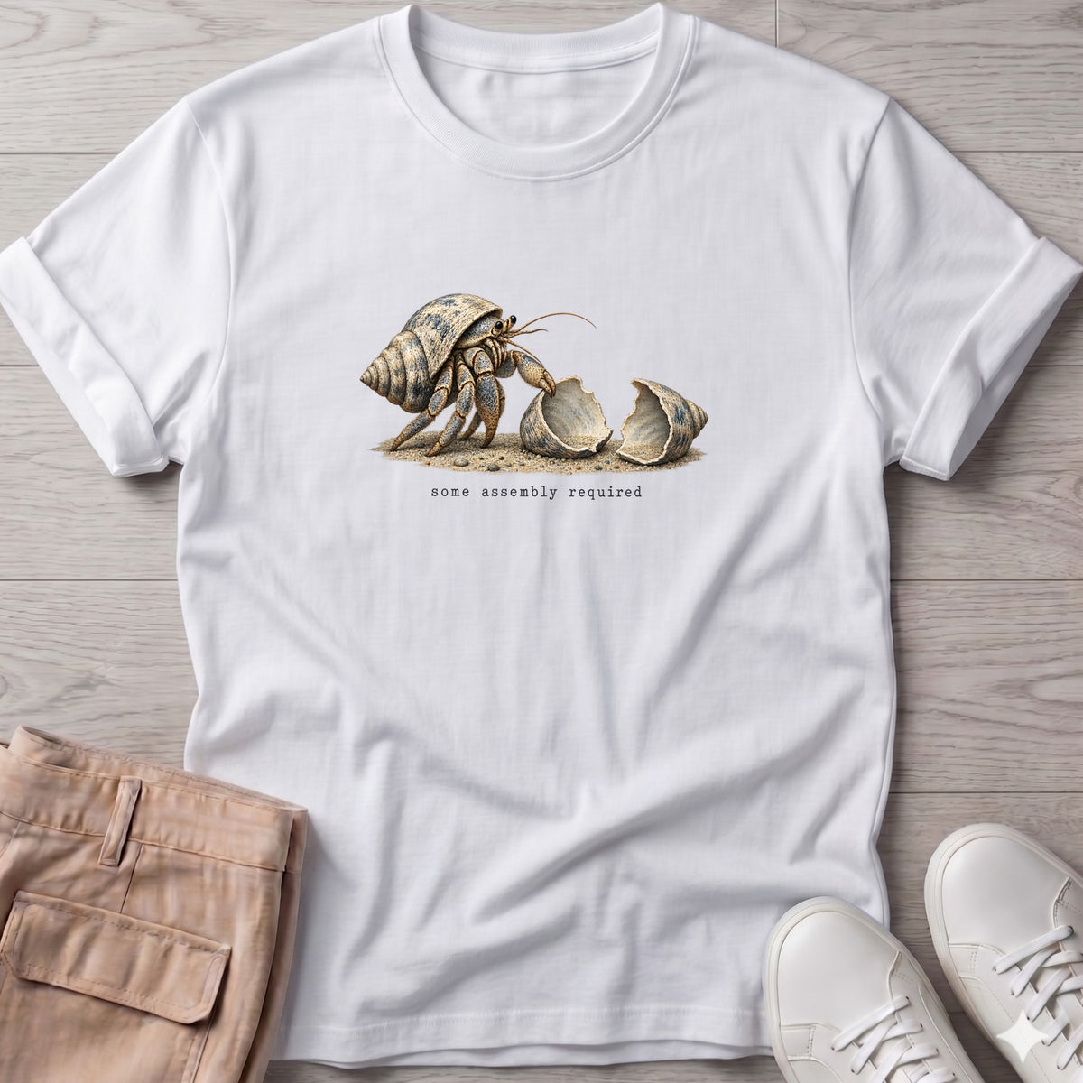 Some Assembly Required Hermit Crab T-Shirt in White, Salty Paws Soft Style T-Shirt, front design flat lay