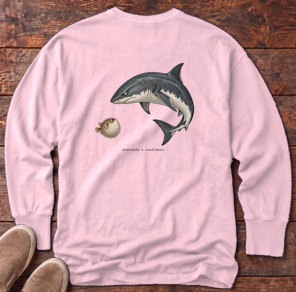 Somebody's Confident Shark Back Design Long Sleeve Tee Comfort Colors in Blossom, Salty Paws Comfort Colors Long Sleeve Tee, back design flat lay