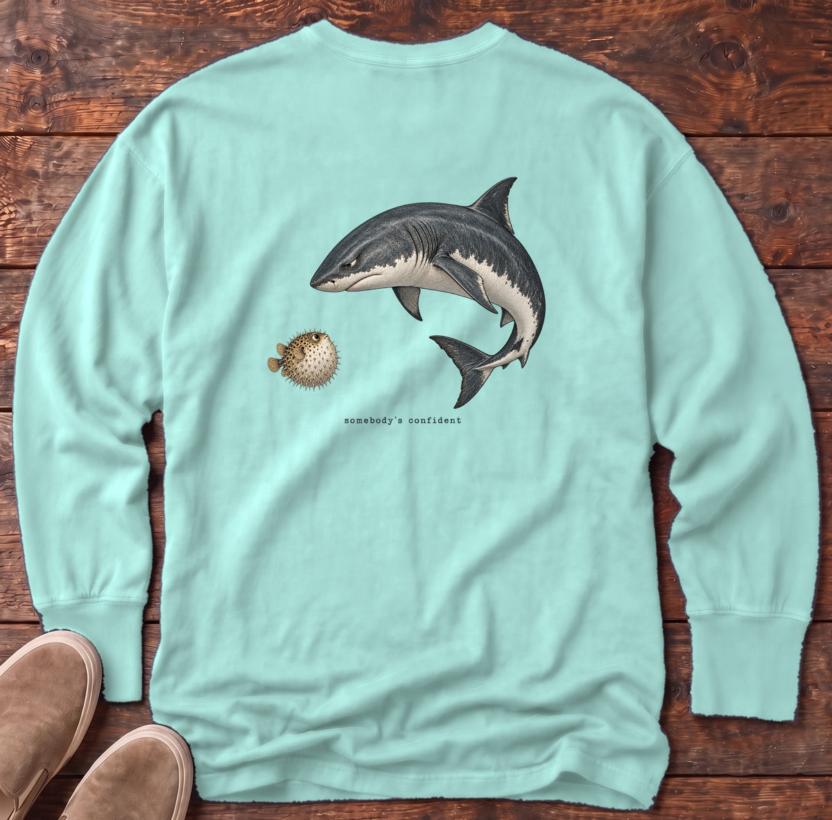Somebody's Confident Shark Back Design Long Sleeve Tee Comfort Colors in Chalky Mint, Salty Paws Comfort Colors Long Sleeve Tee, back design flat lay