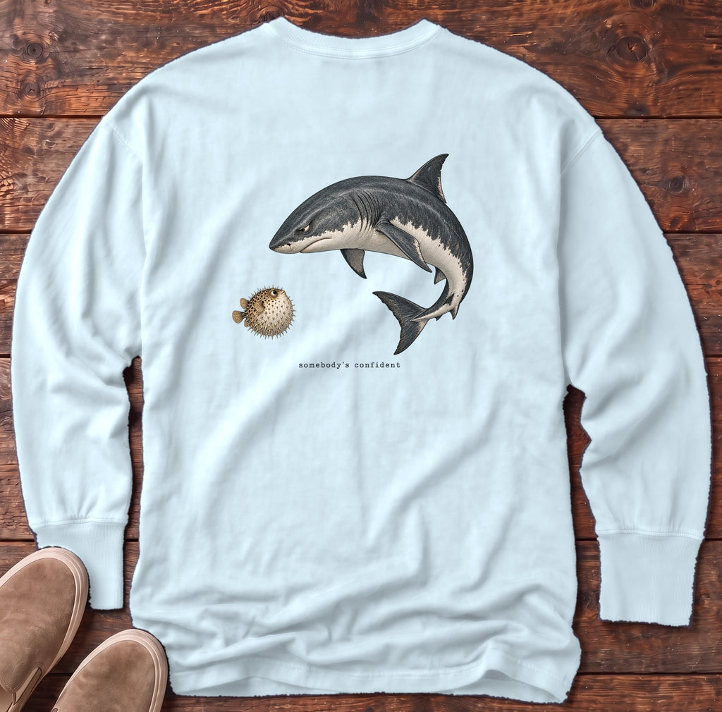 Somebody's Confident Shark Back Design Long Sleeve Tee Comfort Colors in Chambray, Salty Paws Comfort Colors Long Sleeve Tee, back design flat lay
