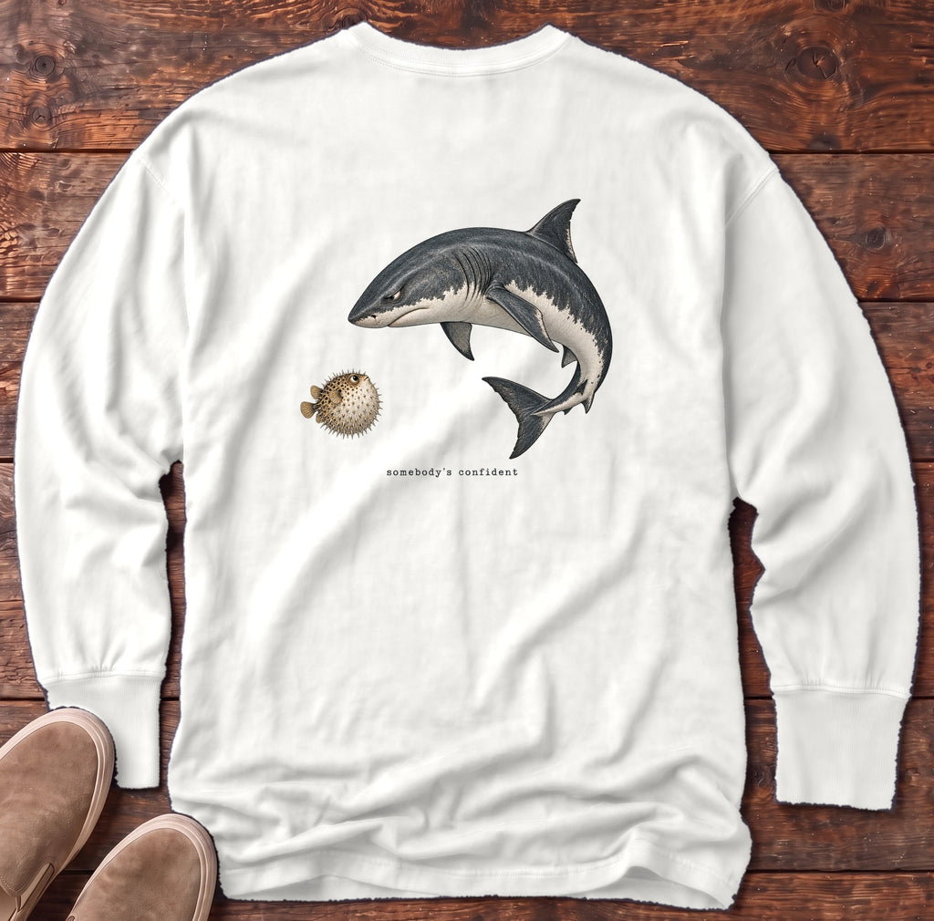 Somebody's Confident Shark Back Design Long Sleeve Tee Comfort Colors in White, Salty Paws Comfort Colors Long Sleeve Tee, back design flat lay