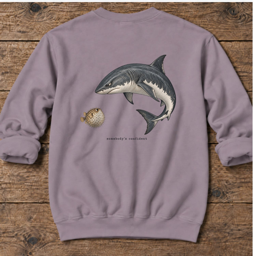 Somebody's Confident Shark Back Design Midweight Sweatshirt in Paragon, Salty Paws Midweight Sweatshirt, back design flat lay