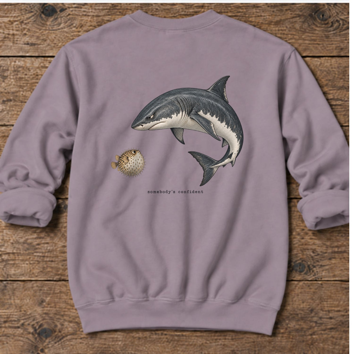 Somebody's Confident Shark Back Design Midweight Sweatshirt in Paragon, Salty Paws Midweight Sweatshirt, back design flat lay