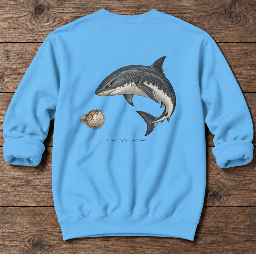 Somebody's Confident Shark Back Design Midweight Sweatshirt in Sky, Salty Paws Midweight Sweatshirt, back design flat lay