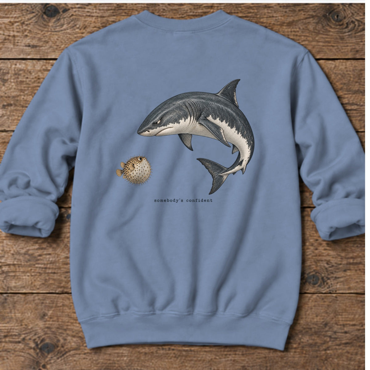 Somebody's Confident Shark Back Design Midweight Sweatshirt in Stone Blue, Salty Paws Midweight Sweatshirt, back design flat lay