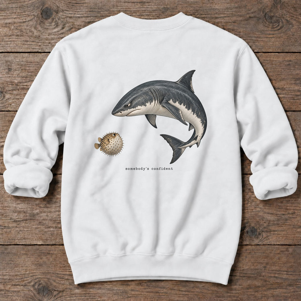 Somebody's Confident Shark Back Design Midweight Sweatshirt in White, Salty Paws Midweight Sweatshirt, back design flat lay