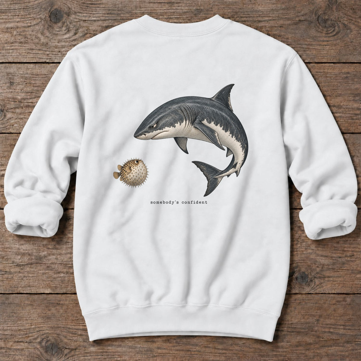 Somebody's Confident Shark Back Design Midweight Sweatshirt in White, Salty Paws Midweight Sweatshirt, back design flat lay