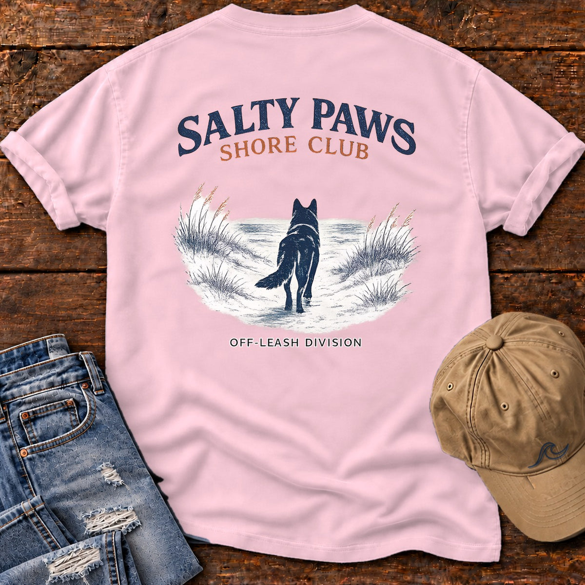 Salty Paws Shore Club Shepherd Back Design Comfort Colors T-Shirt in Blossom, back design flat lay