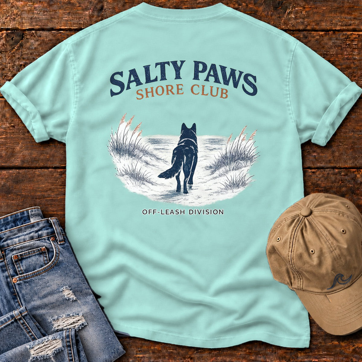 Salty Paws Shore Club Shepherd Back Design Comfort Colors T-Shirt in Chalky Mint, back design flat lay