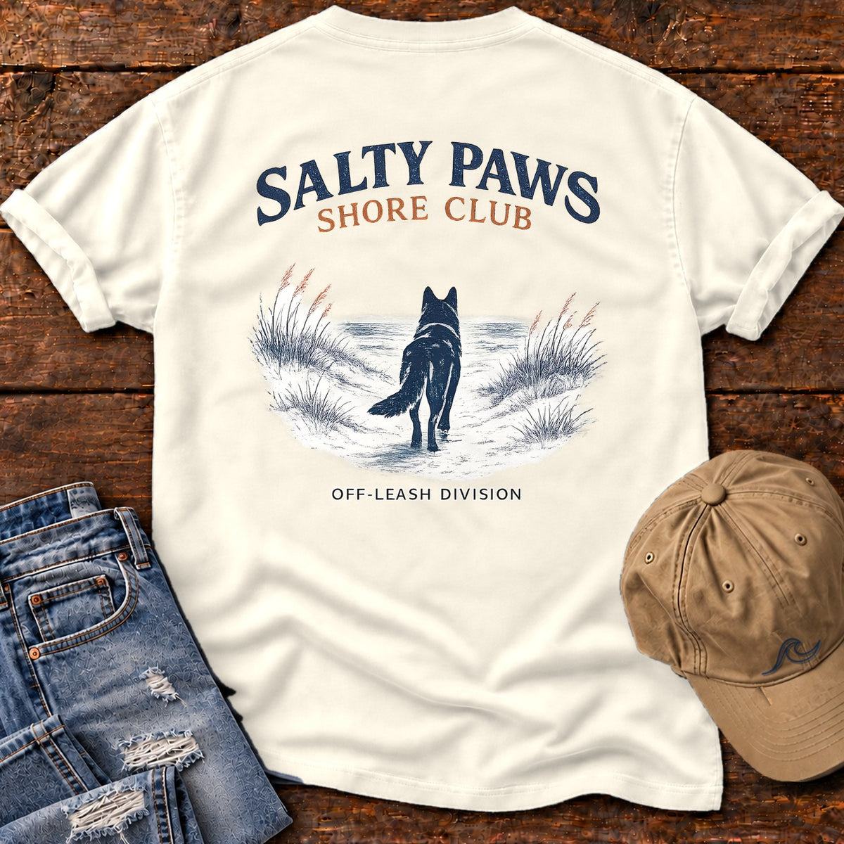 Salty Paws Shore Club Shepherd Back Design Comfort Colors T-Shirt in Ivory, back design flat lay