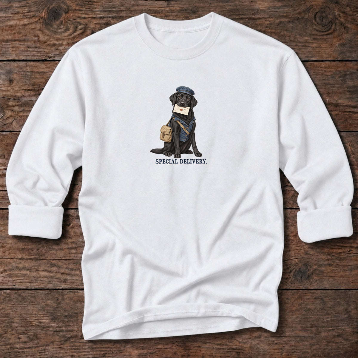 Special Delivery Mail Carrier Lab Long T-Shirt in White, Salty Paws coastal long sleeve tee