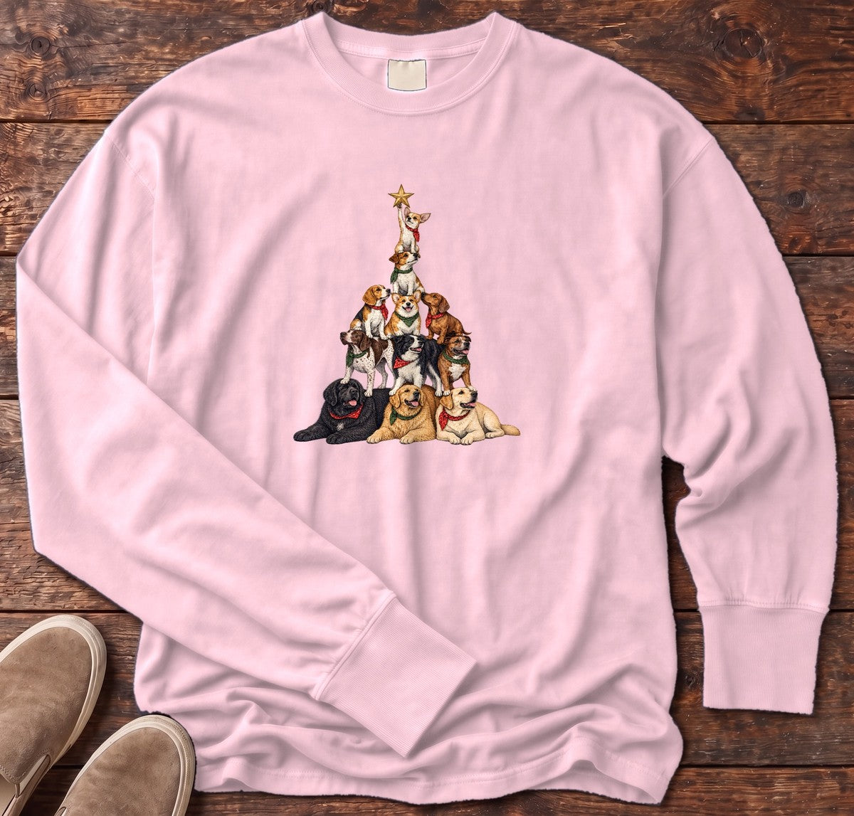Stacked Dog Christmas Tree Long Sleeve Tee in Blossom, Salty Paws Comfort Colors Long Sleeve Tee, front design flat lay