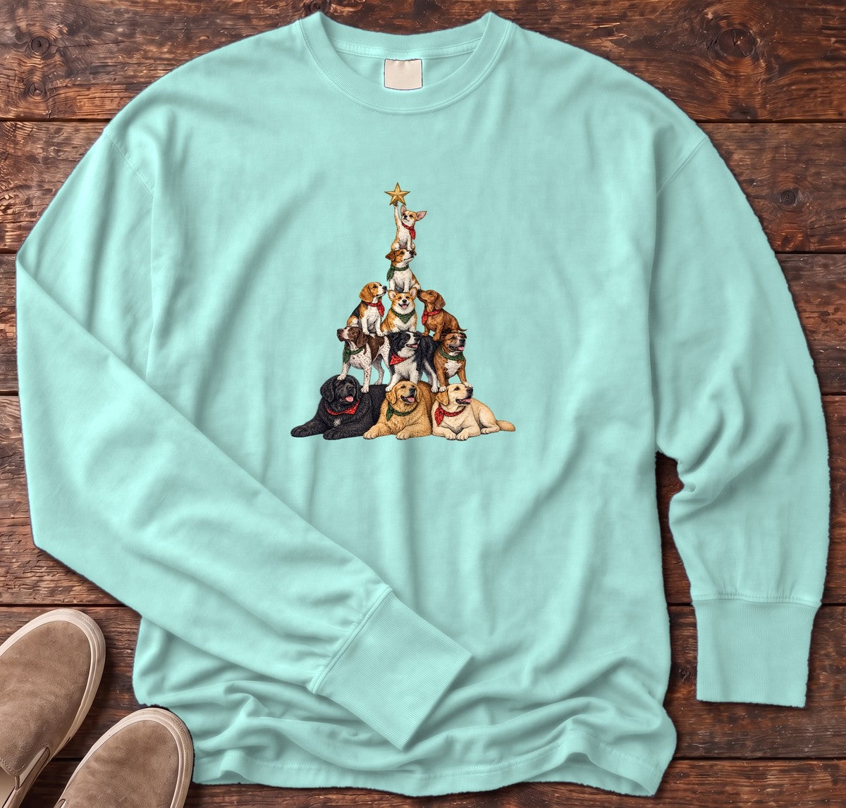 Stacked Dog Christmas Tree Long Sleeve Tee in Chalky Mint, Salty Paws Comfort Colors Long Sleeve Tee, front design flat lay
