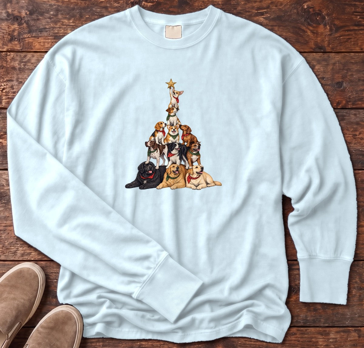 Stacked Dog Christmas Tree Long Sleeve Tee in Chambray, Salty Paws Comfort Colors Long Sleeve Tee, front design flat lay