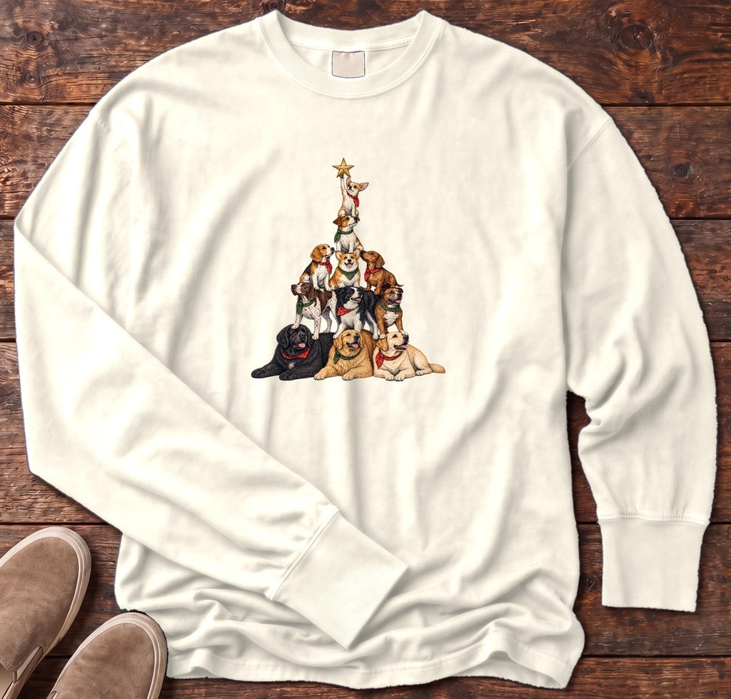 Stacked Dog Christmas Tree Long Sleeve Tee in Ivory, Salty Paws Comfort Colors Long Sleeve Tee, front design flat lay