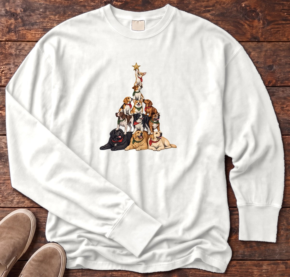 Stacked Dog Christmas Tree Long Sleeve Tee in White, Salty Paws Comfort Colors Long Sleeve Tee, front design flat lay