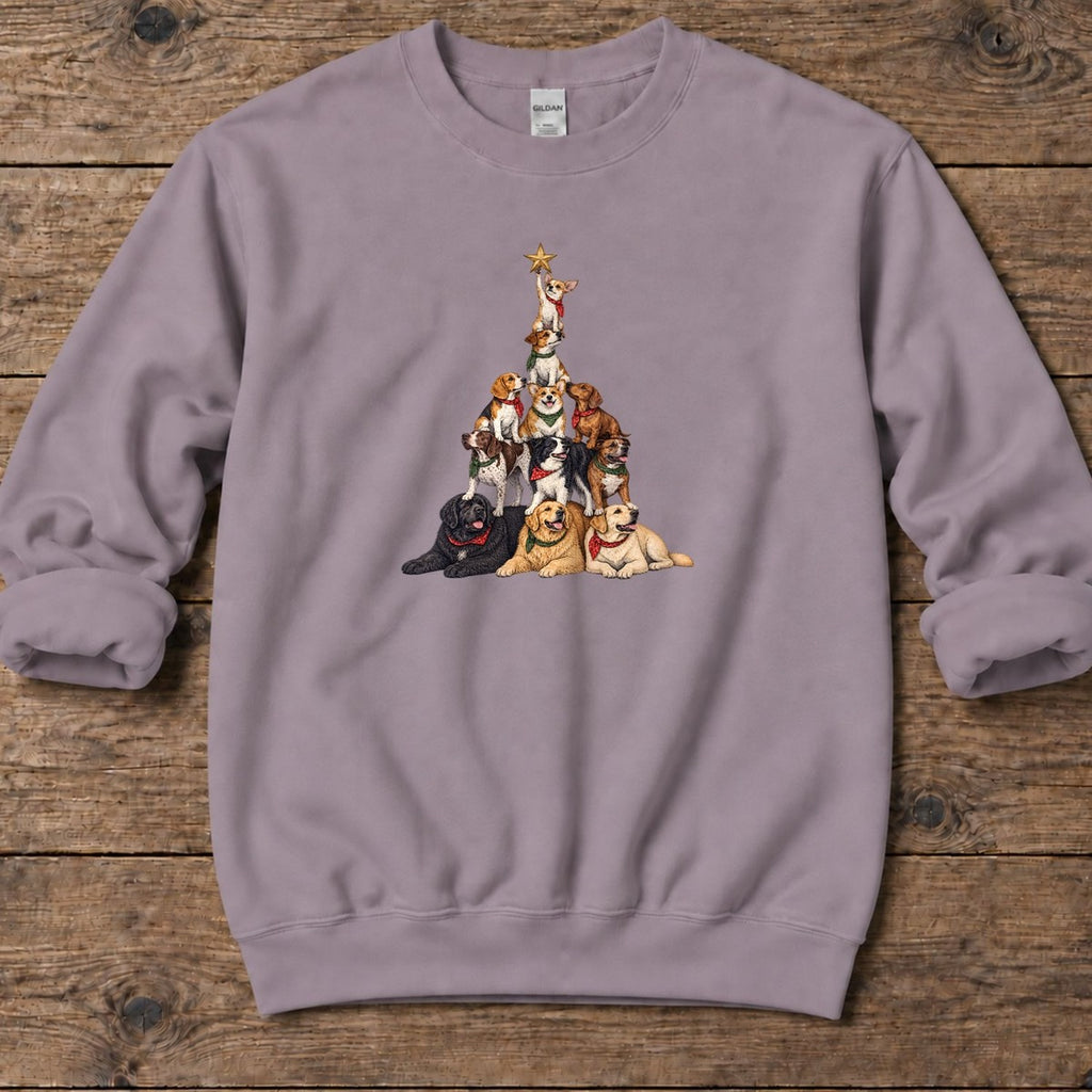 Stacked Dog Christmas Tree Midweight Sweatshirt in Paragon, Salty Paws Midweight Sweatshirt, front design flat lay