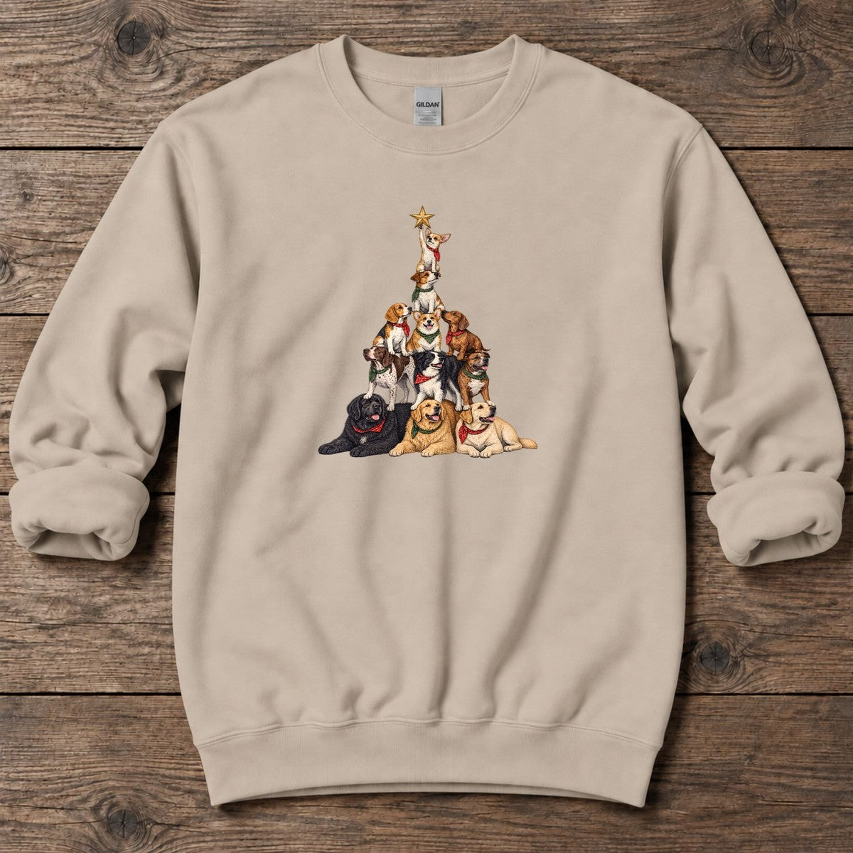 Stacked Dog Christmas Tree Midweight Sweatshirt in Sand, Salty Paws Midweight Sweatshirt, front design flat lay