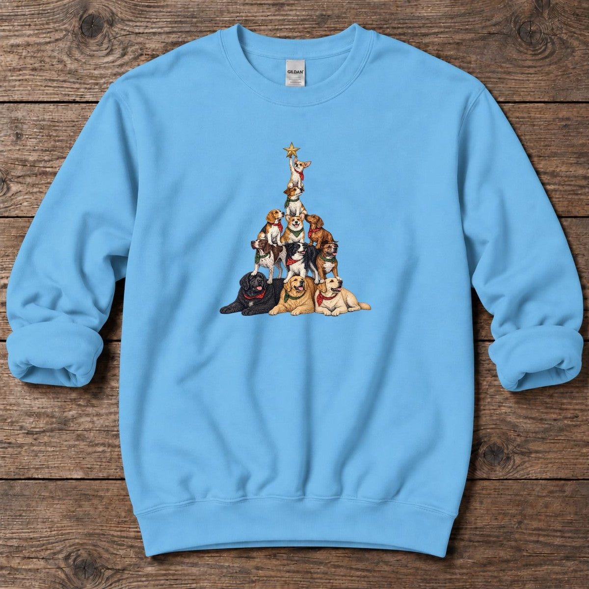 Stacked Dog Christmas Tree Midweight Sweatshirt in Sky, Salty Paws Midweight Sweatshirt, front design flat lay