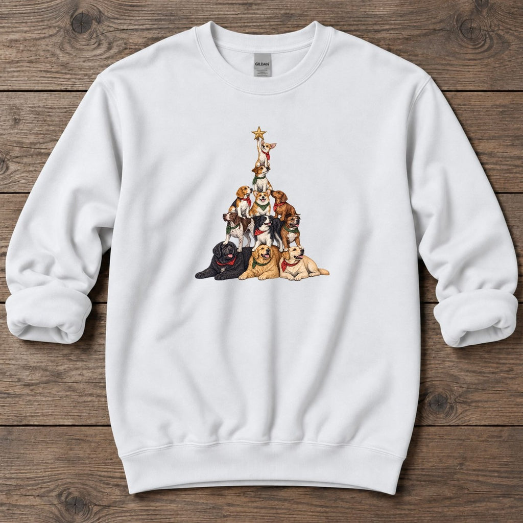 Stacked Dog Christmas Tree Midweight Sweatshirt in White, Salty Paws Midweight Sweatshirt, front design flat lay