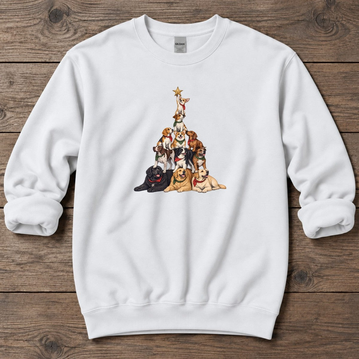 Stacked Dog Christmas Tree Midweight Sweatshirt in White, Salty Paws Midweight Sweatshirt, front design flat lay