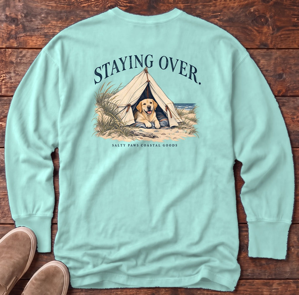 Staying Over Yellow Lab Salty Paws Coastal Goods Back Design Long Sleeve Tee in Chalky Mint, Salty Paws Comfort Colors Long Sleeve Tee, back design flat lay