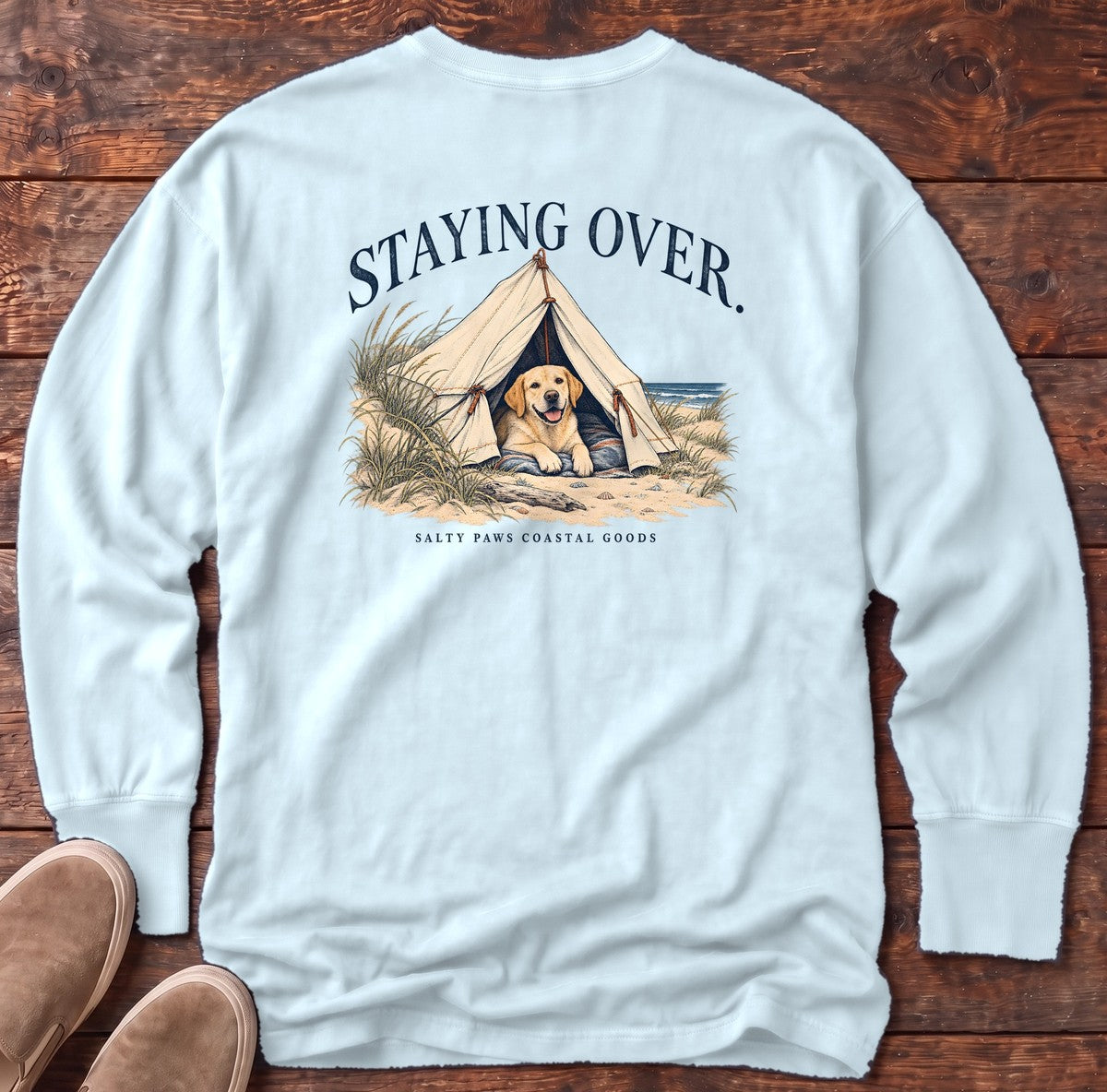 Staying Over Yellow Lab Salty Paws Coastal Goods Back Design Long Sleeve Tee in Chambray, Salty Paws Comfort Colors Long Sleeve Tee, back design flat lay