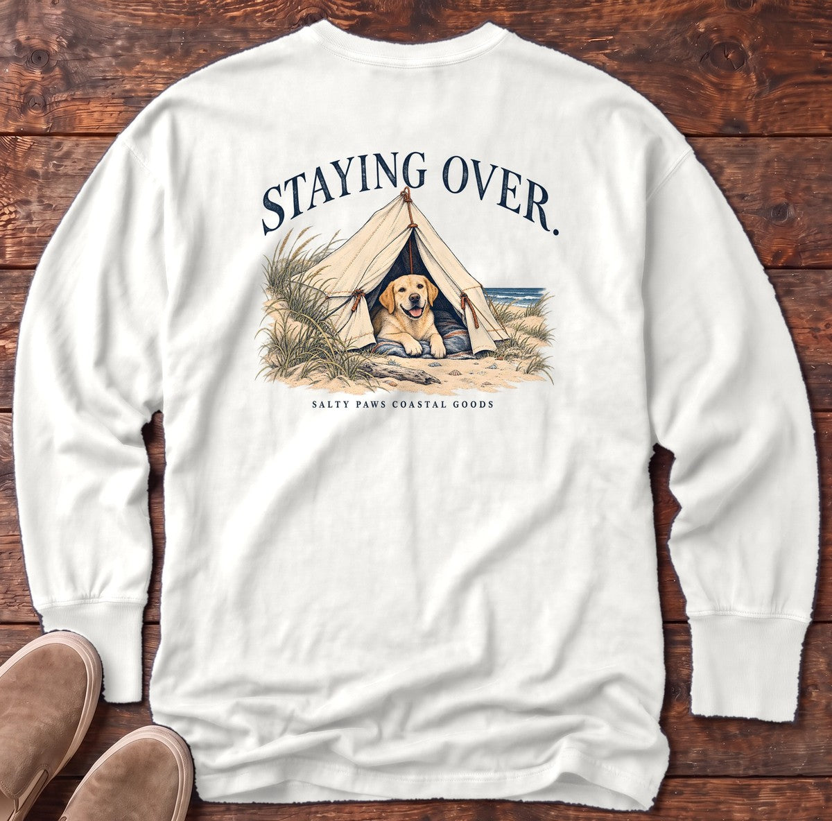Staying Over Yellow Lab Salty Paws Coastal Goods Back Design Long Sleeve Tee in White, Salty Paws Comfort Colors Long Sleeve Tee, back design flat lay