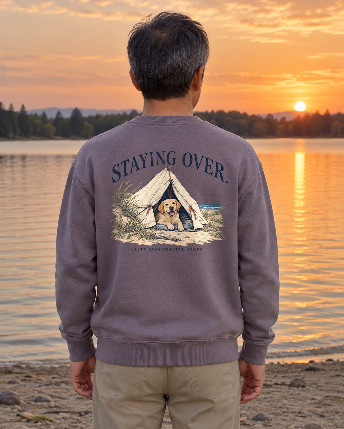 Staying Over Yellow Lab Salty Paws Coastal Goods Back Design Midweight Sweatshirt in Paragon, worn by a model, Salty Paws back design