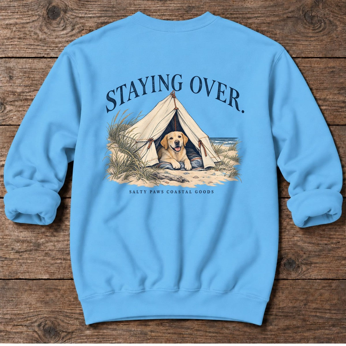 Staying Over Yellow Lab Salty Paws Coastal Goods Back Design Midweight Sweatshirt in Sky, Salty Paws Midweight Sweatshirt, back design flat lay