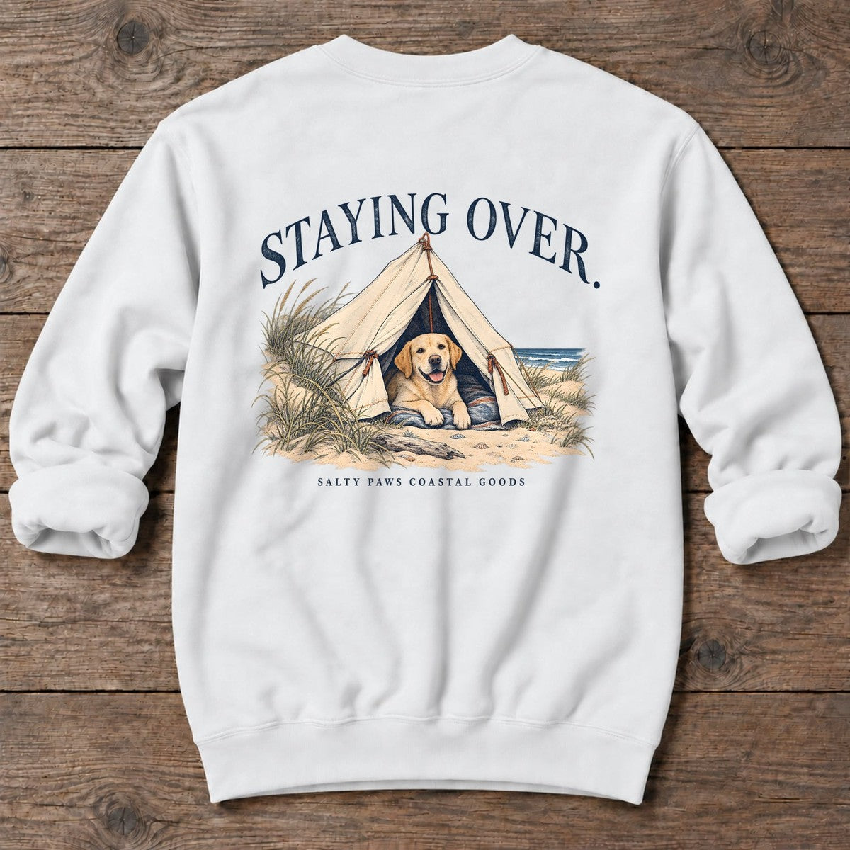 Staying Over Yellow Lab Salty Paws Coastal Goods Back Design Midweight Sweatshirt in White, Salty Paws Midweight Sweatshirt, back design flat lay