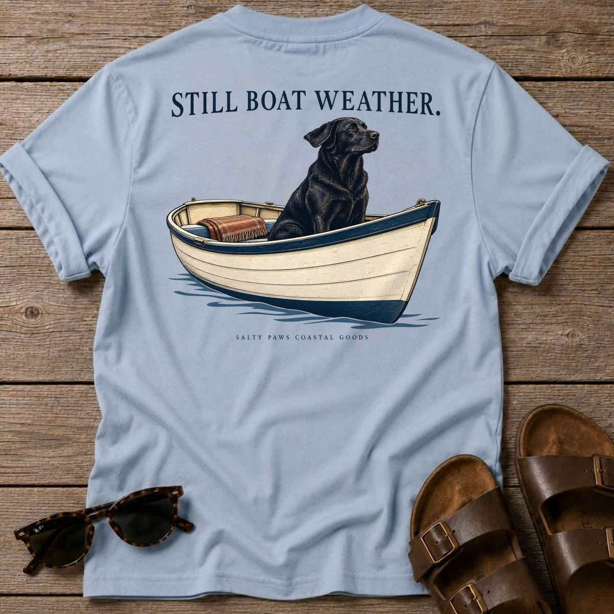 Still Boat Weather Back Design T-Shirt in Light Blue