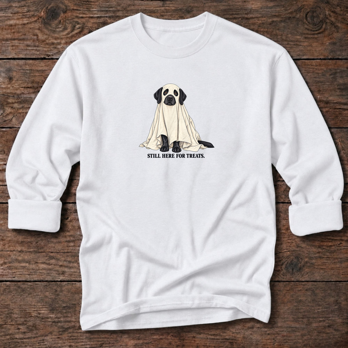 Still Here for Treats Ghost Lab Long T-Shirt in White, Salty Paws coastal long sleeve tee