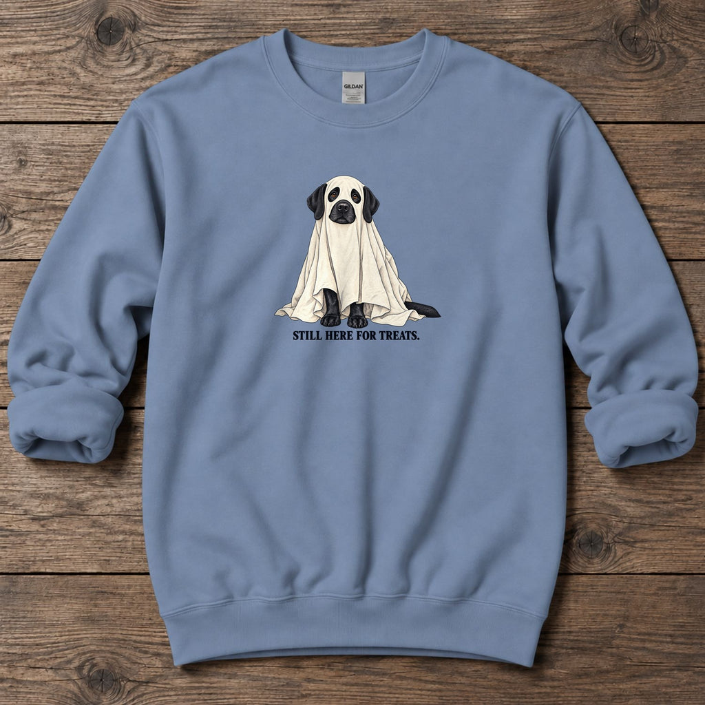 Still Here for Treats Ghost Lab Midweight Sweatshirt in Stone Blue, Salty Paws coastal sweatshirt