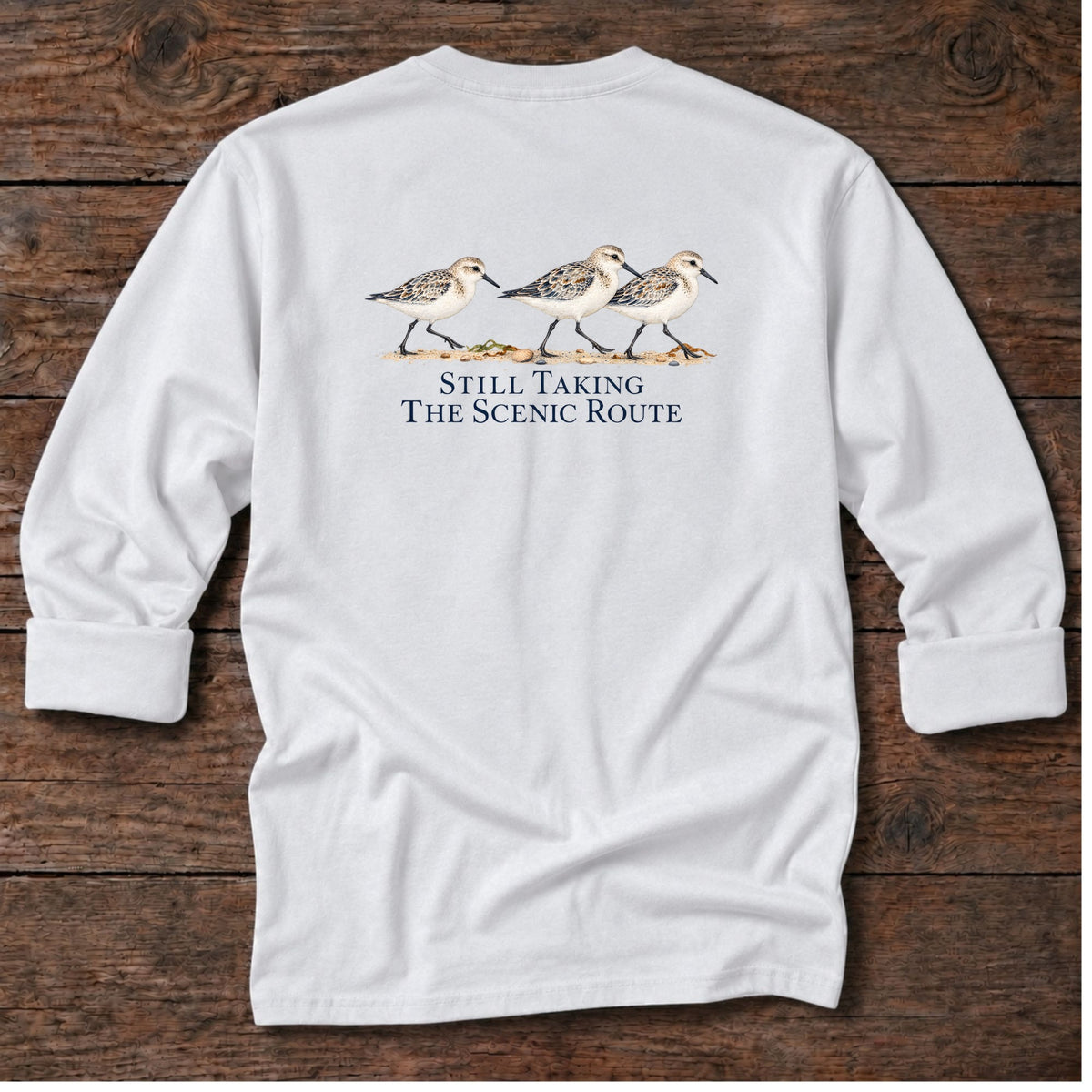 Still Taking the Scenic Route Sandpipers Back Design Long T-Shirt in White, Salty Paws coastal long sleeve tee