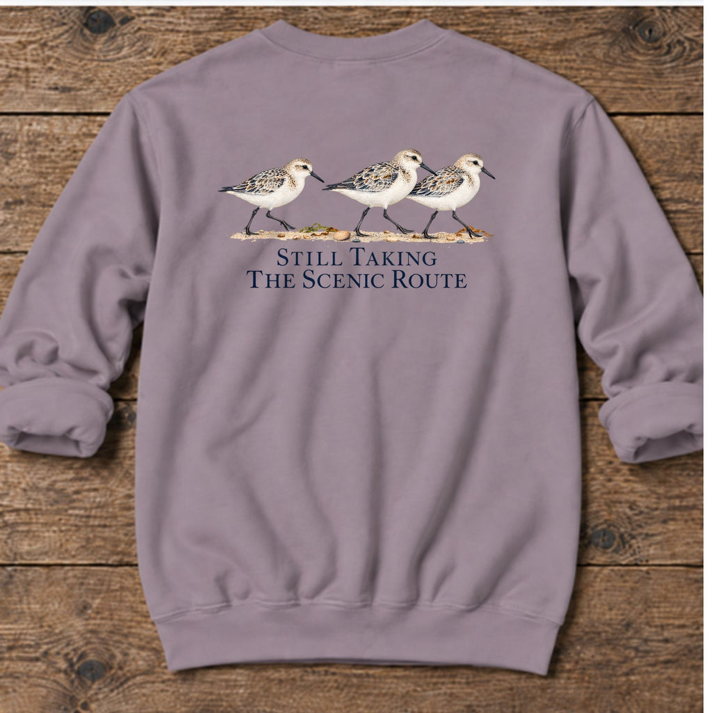 Still Taking the Scenic Route Sandpipers Back Design Midweight Sweatshirt in Paragon, Salty Paws coastal sweatshirt