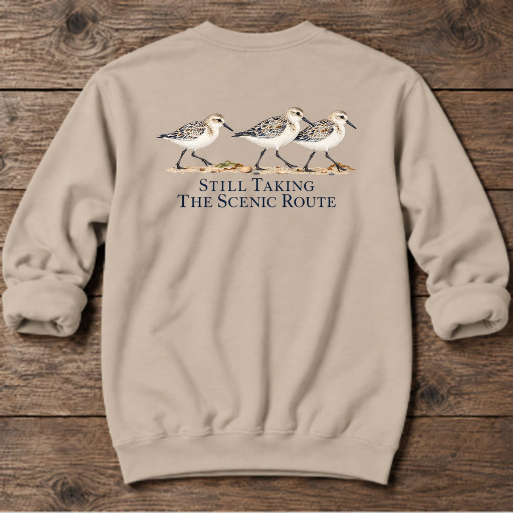 Still Taking the Scenic Route Sandpipers Back Design Midweight Sweatshirt in Sand, Salty Paws coastal sweatshirt