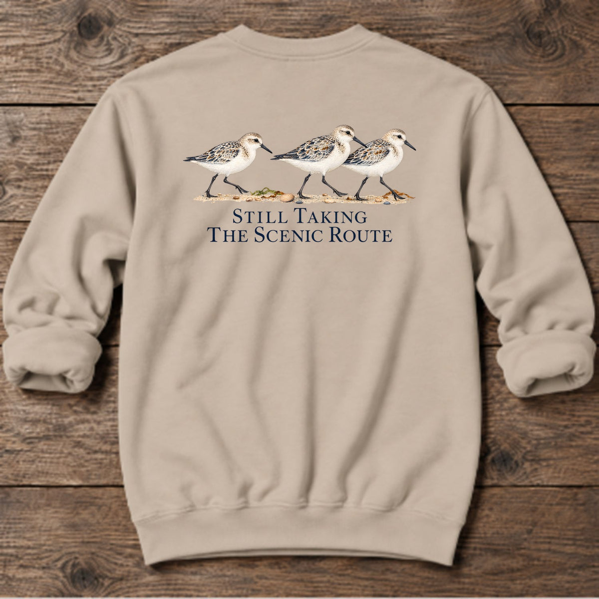 Still Taking the Scenic Route Sandpipers Back Design Midweight Sweatshirt in Sand, Salty Paws coastal sweatshirt