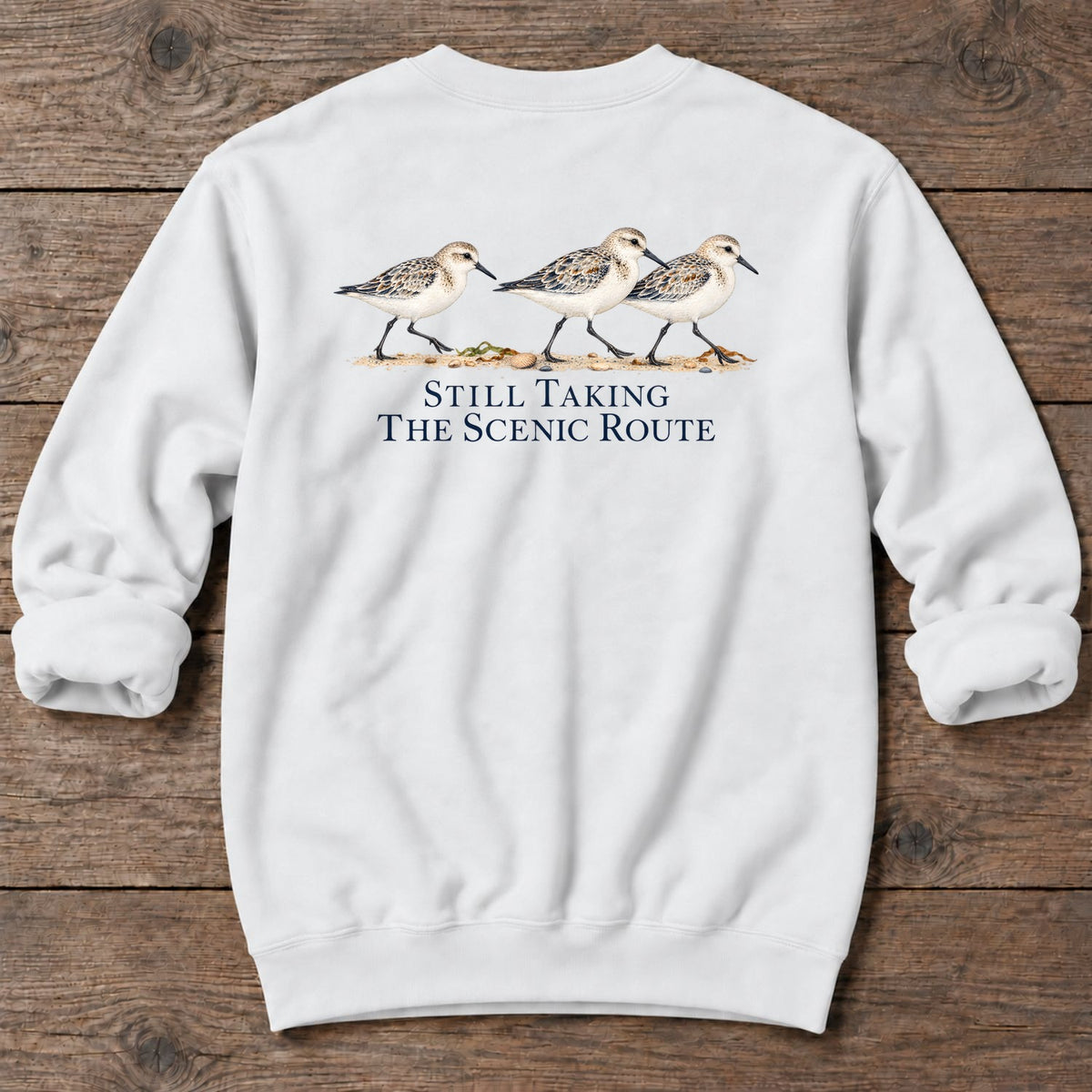 Still Taking the Scenic Route Sandpipers Back Design Midweight Sweatshirt in White, Salty Paws coastal sweatshirt