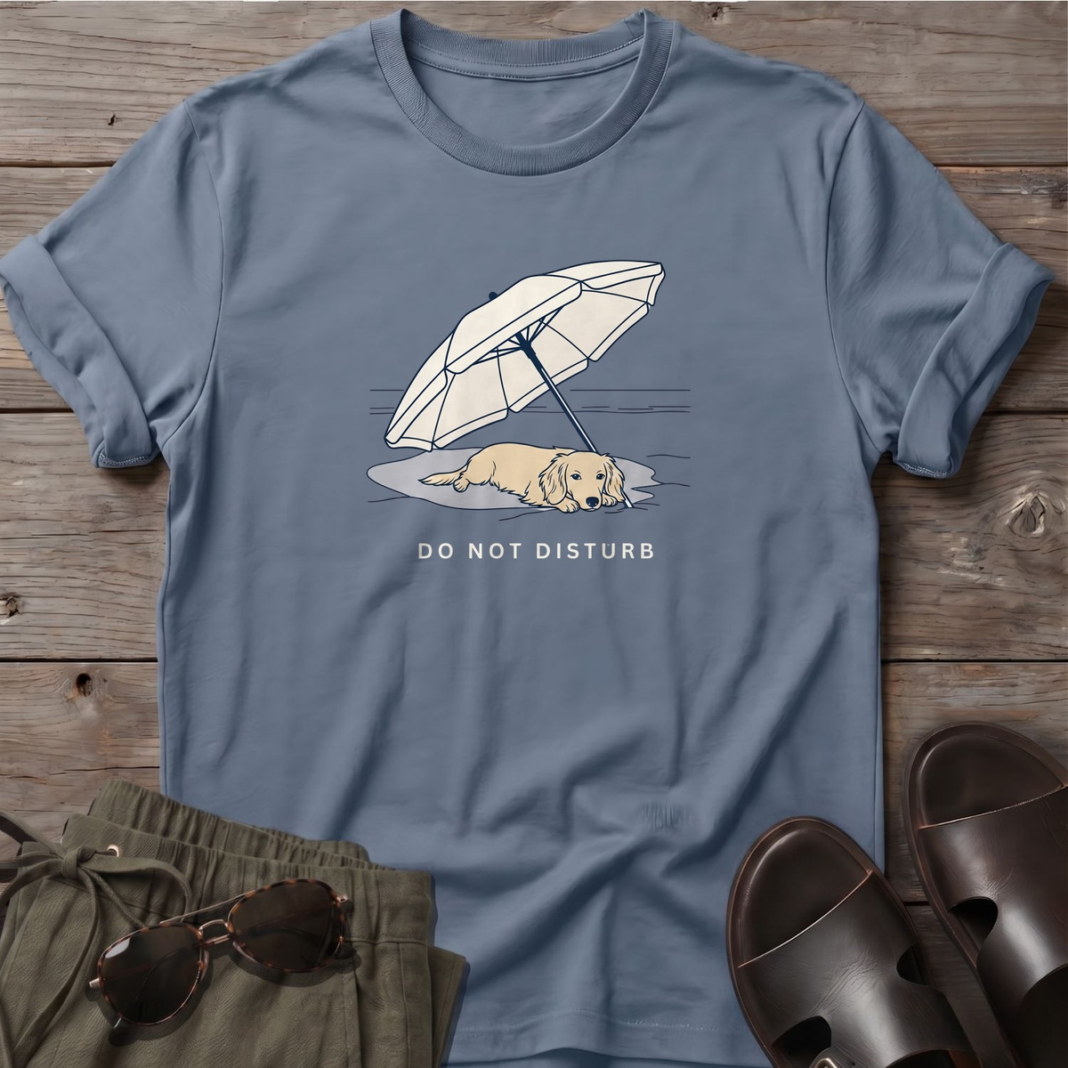 Do Not Disturb Long Haired Dachshund T-Shirt in Stone Blue