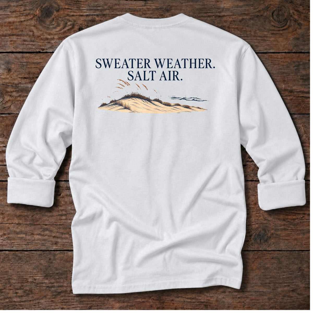 Sweater Weather Salt Air Back Design Long T-Shirt in White, Salty Paws coastal long sleeve tee