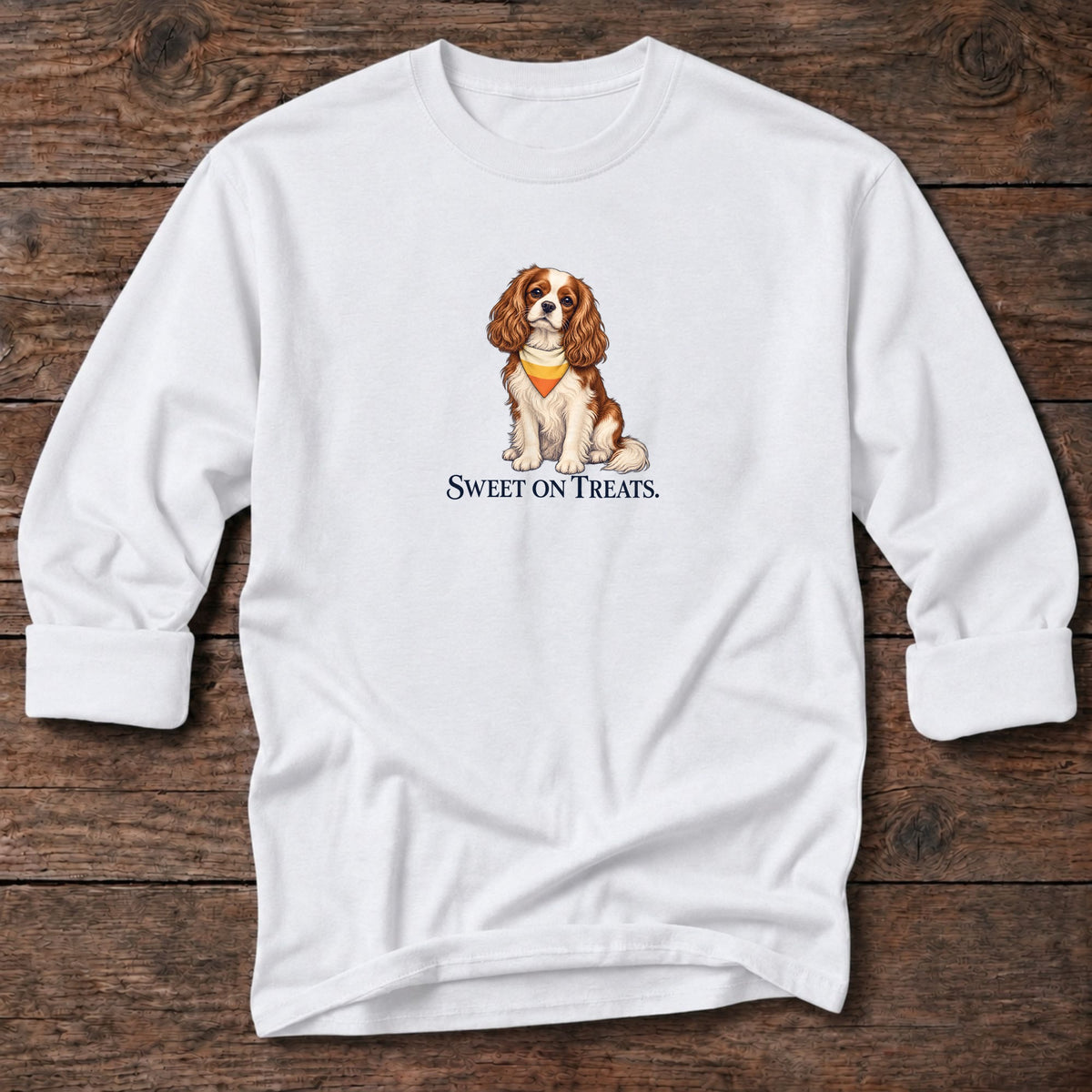 Sweet on Treats Candy Corn Cavalier Long T-Shirt in White, Salty Paws coastal long sleeve tee