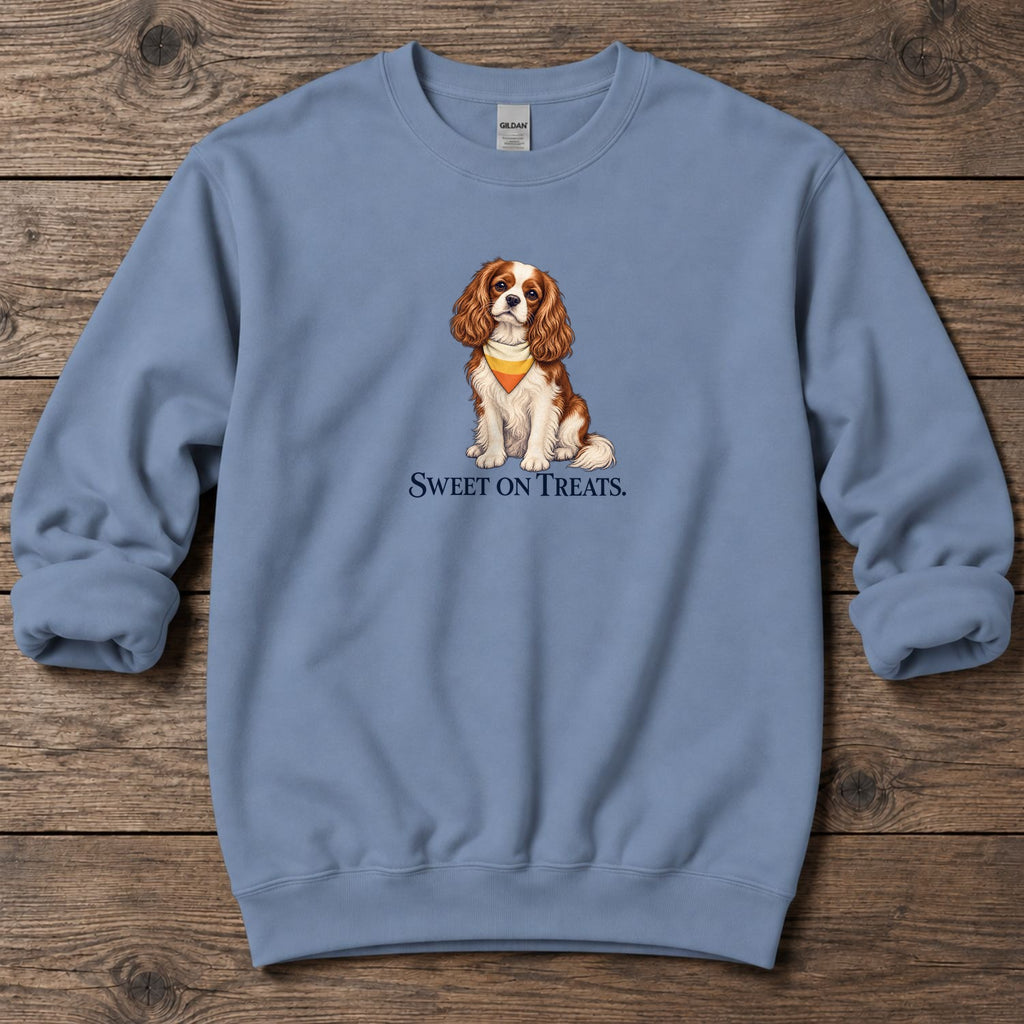 Sweet on Treats Candy Corn Cavalier Midweight Sweatshirt in Stone Blue, Salty Paws coastal sweatshirt