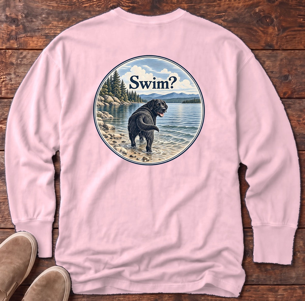 Swim Black Lab Lake Back Design Long Sleeve Tee in Blossom, Salty Paws Comfort Colors Long Sleeve Tee, back design flat lay